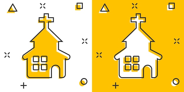 Kerk icoon in komische stijl Kapel vector cartoon afbeelding op witte geïsoleerde achtergrond Religieus gebouw bedrijfsconcept splash effect