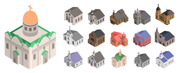 Kerk pictogramserie. Isometrische reeks kerk vectorpictogrammen voor Webontwerp dat op witte achtergrond wordt geïsoleerd