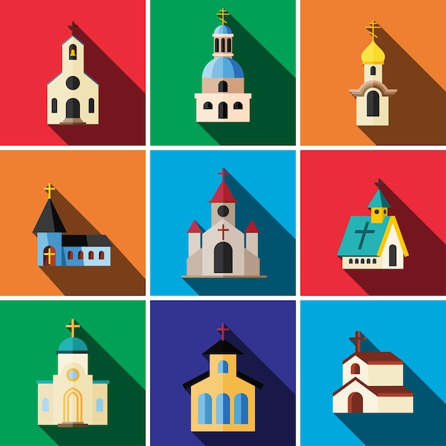 Kerk platte pictogram set illustratie geïsoleerde vector teken symbool