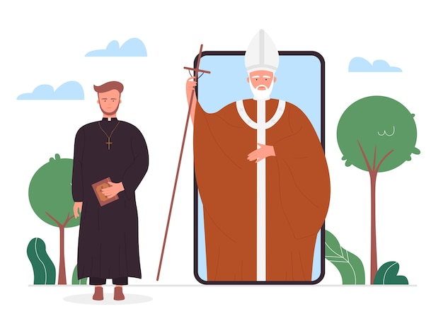 Kerk, religie nieuws online, cartoon christelijke priesters in mobiele app gadget smartphone