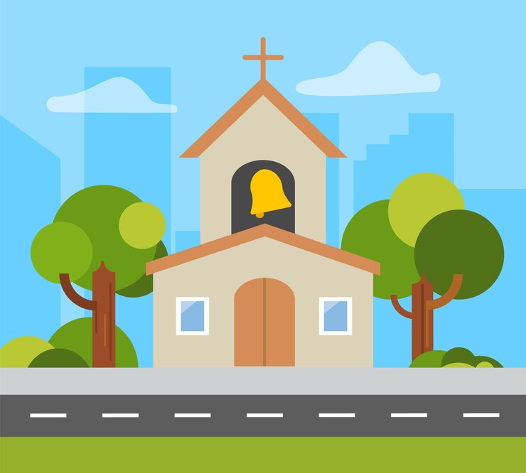 Kerkgebouw Vectorillustratie voor religie architectuurontwerp Pictogram met kruis kapel hek bomen bel Zomer landschap Traditioneel kerkelijk symbool