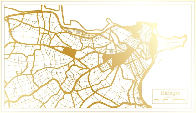 골든 컬러 개요 지도에 레트로 스타일의 Kerkyra 그리스 도시 지도