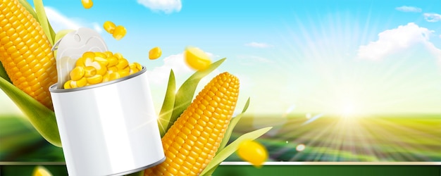 Kernel corn can banner ads in 3d illustration on bokeh green field background