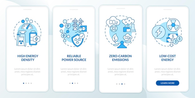 Kernenergie pro's onboarding mobiele app paginascherm. Hoge energiedichtheid walkthrough 4 stappen grafische instructies met concepten. UI, UX, GUI vectorsjabloon met lineaire kleurenillustraties