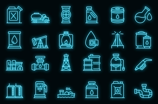 Kerosene icons set. Outline set of kerosene vector icons neon color on black