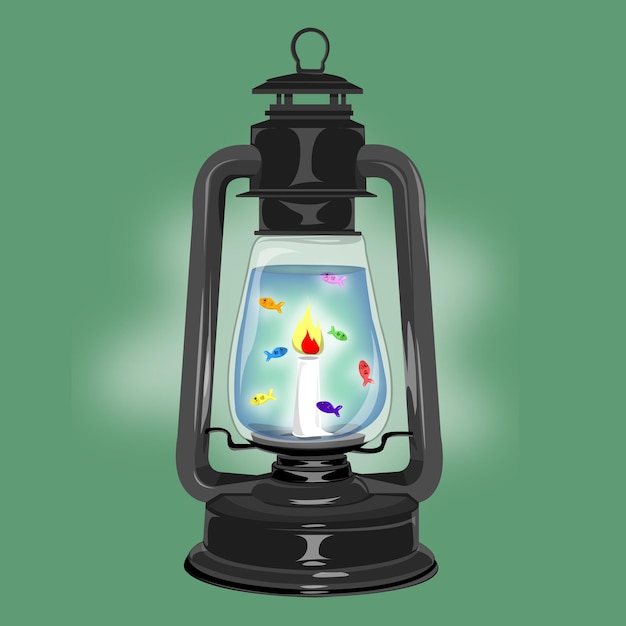 Vector kerosene lamp oil or lantern with a burning candle and living colourful fishes inside underwater