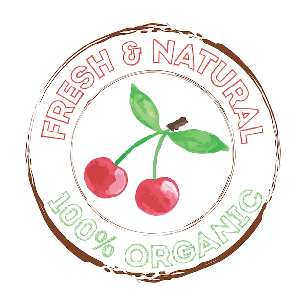 Kers biologisch fruit grunge rubber stempel of label op wit sjabloon voor eco-voedsel of boerderij
