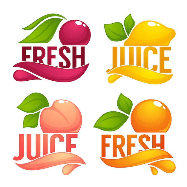 Kers, citroen, sinaasappel, perzik, verzameling dresh fruit en bessen sapetiketten, stickers en emblemen