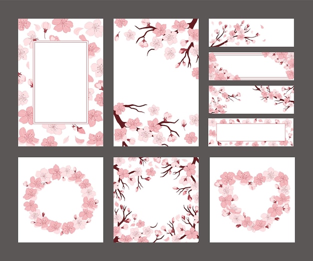 Vector kersenbloesem banner lay-out sakura bloemen op takken kaartsjabloon japanse lente decoratieve frames vector illustratie set