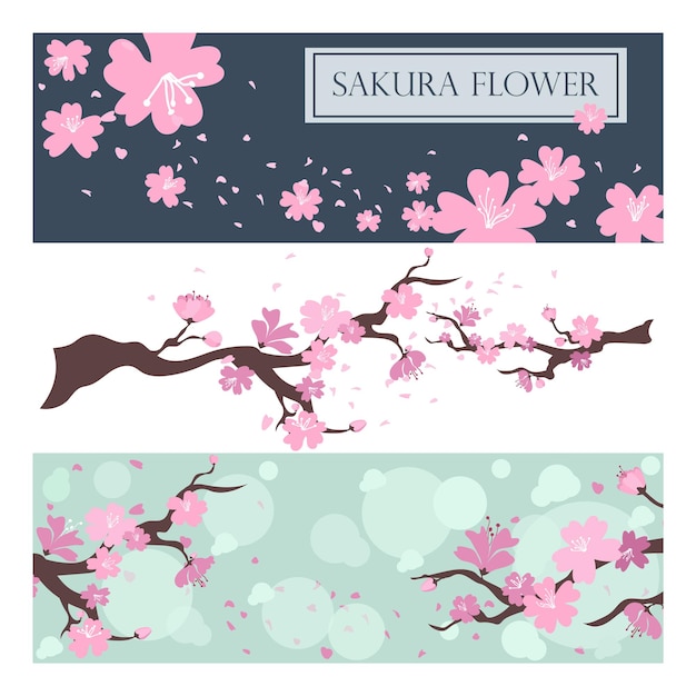 Vector kersenbloesem platte vector sakura japan vervagen achtergrond sakura en lente moderne cover ontwerpset bruiloft uitnodigen make-up catalogus brochure sjabloon flyer presentatie