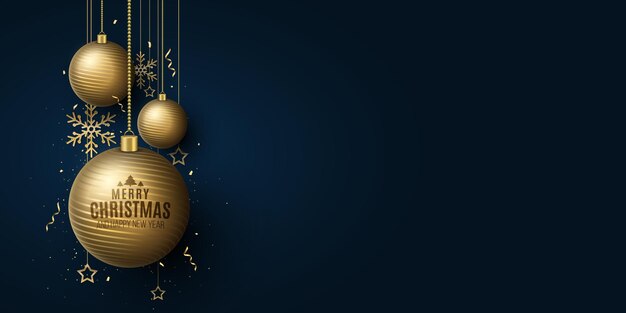 Vector kerst achtergrond met decoraties van glinsterende gouden hangende ballen vliegende confetti sneeuwvlokken en sterren gelukkig nieuwjaar banner vector illustratie eps 10