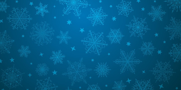 Kerst achtergrond van prachtige complexe sneeuwvlokken in blauwe kleuren Winter illustratie met vallende sneeuw