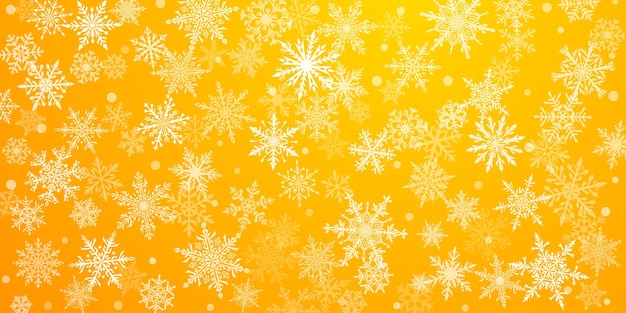 Kerst achtergrond van prachtige complexe sneeuwvlokken in gele kleuren Winter illustratie met vallende sneeuw