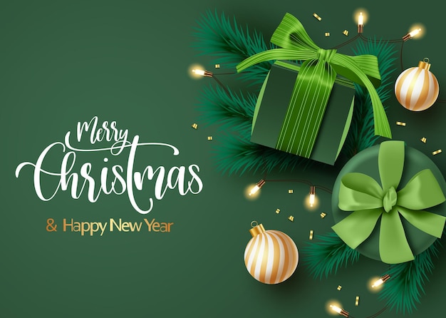 Kerst achtergrond vector sjabloonontwerp Vrolijk kerstfeest tekst met groene geschenken en bladeren