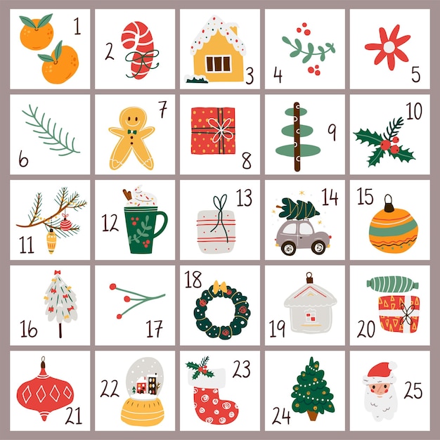 Kerst advent kalender met schattige winter elementen Xmas en Nieuwjaar aftellen december planner