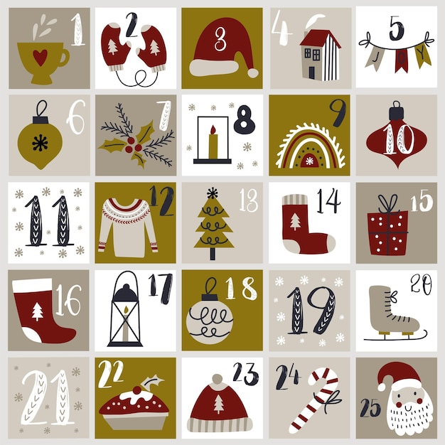 Kerst adventskalender met hand getrokken elementen xmas poster vector