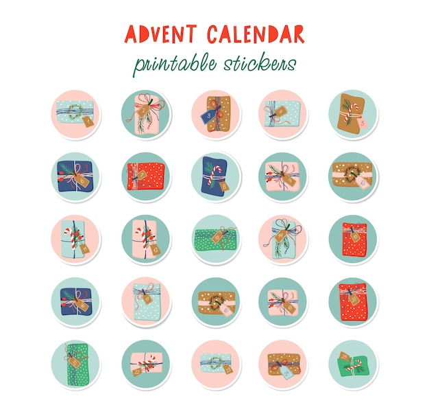 Kerst adventskalender. Ronde bedrukbare stickercollectie voor traditionele kerstkalender.