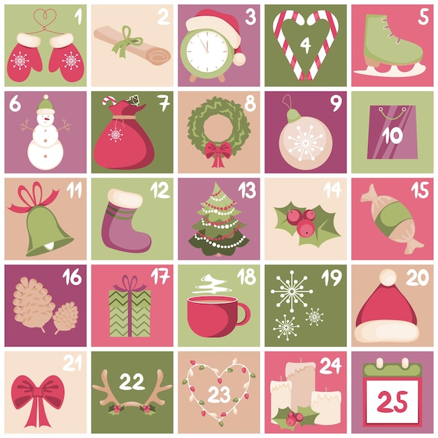 Kerst adventskalender voor 25 dagen december Xmas vector poster