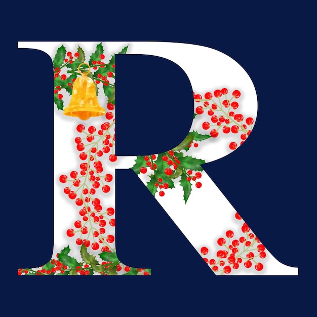 Kerst alfabet vectorillustratie met kerst bell, rode bessen en hulst bladeren.