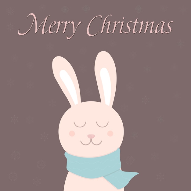 Kerst ansichtkaart in retro stijl met tekst Merry Christmas en schattig konijn op een sjaal