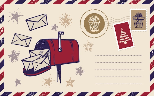 Kerst ansichtkaart, mail, hand getekende illustratie.