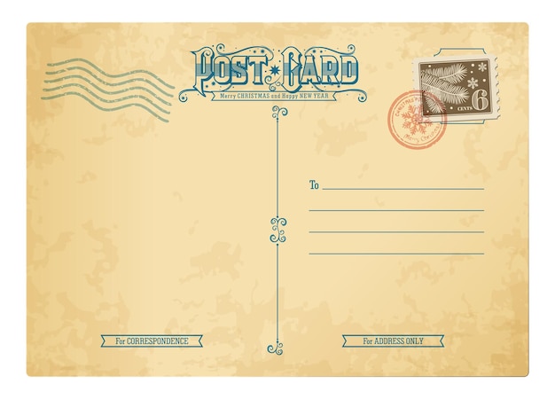 Kerst antieke briefkaart, retro postzegel op vintage post. Winter vakantie nostalgische papieren brief, Nieuwjaar groet vector antieke berichtkaart of kerstcorrespondentie retro envelop