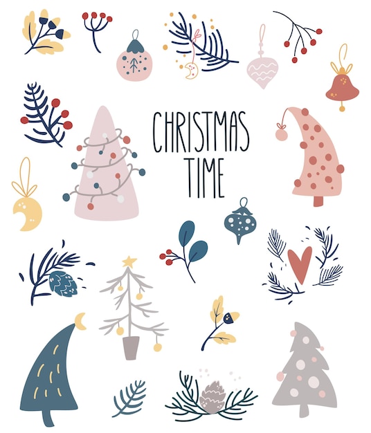 Kerst artikelen instellen. Winterdecor. Kerstboom, speelgoed, takjes en bessen. Perfect voor wenskaarten, uitnodigingen voor Kerstmis en Gelukkig Nieuwjaar en voor scrapbooking. Vector illustratie.