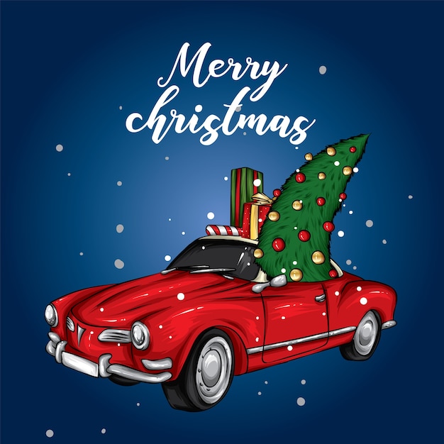 Kerst auto met geschenken en kerstboom.