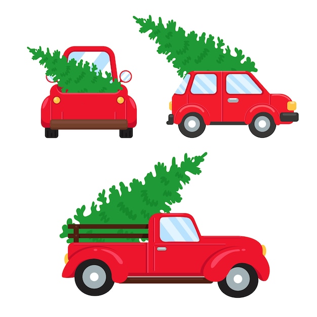 Kerst auto. Rode pick-up met een kerstboom.