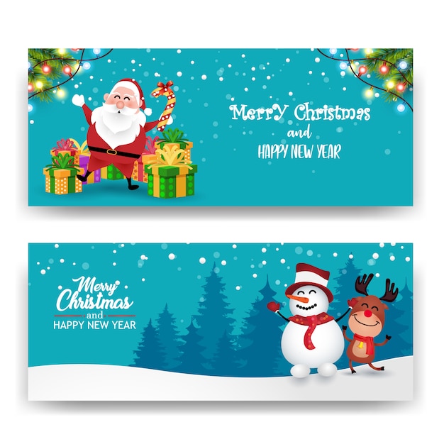 Kerst banner met Santa, herten en sneeuwpop