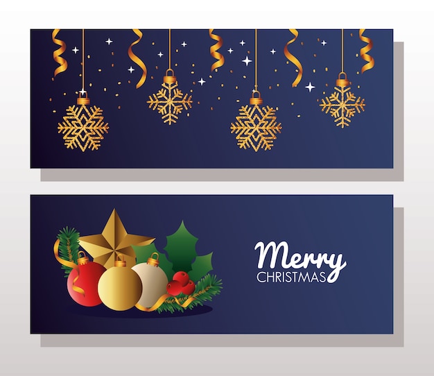 Kerst banner set met ballen en gouden sneeuwvlokken hangende illustratie