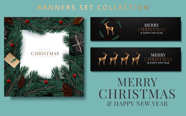 Kerst banners set met fir takken versierd met linten