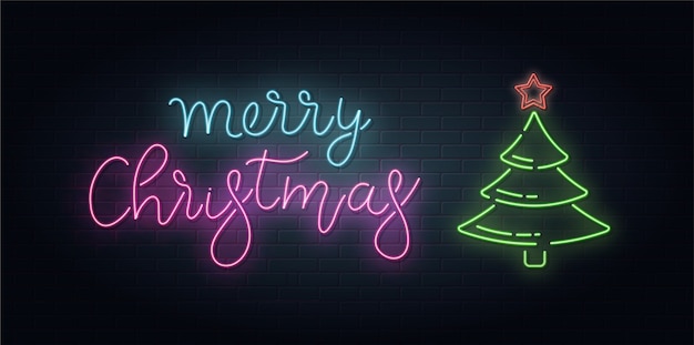 Kerst belettering in neon stijl op bakstenen achtergrond