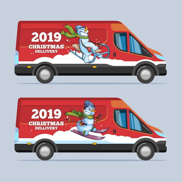 Vector kerst bestelwagen. sneeuwpop karakter rijden slee