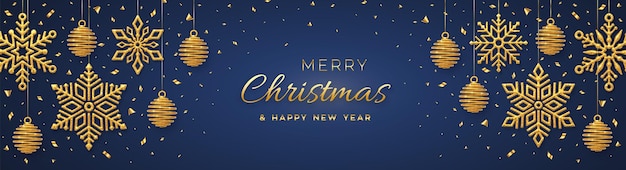 Kerst blauwe achtergrond met hangende glanzende gouden sneeuwvlokken en ballen merry christmas wenskaart vakantie xmas en nieuwjaar poster web banner vector illustratie