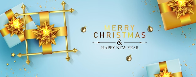 Kerst blauwe kaart prachtig vierkant frame met goudkleurige strik geschenkdozen