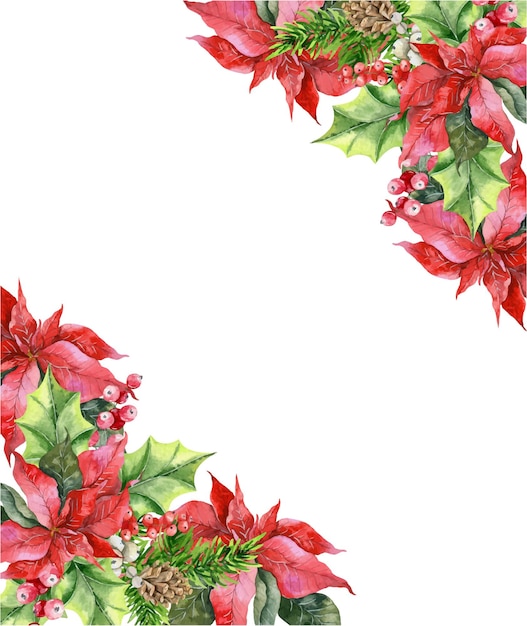 Kerst bloemen frames aquarel, Kerst Frames met Poinsettia en groen