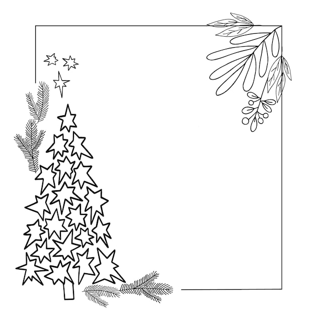 Kerst bloemen samenstelling dennenboom, bladeren takken in doodle stijl voor wenskaart uitnodiging