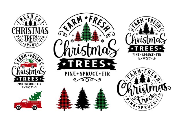 Kerst boerderij verse bomen belettering set citaten gezegden kalligrafie wenskaart vector