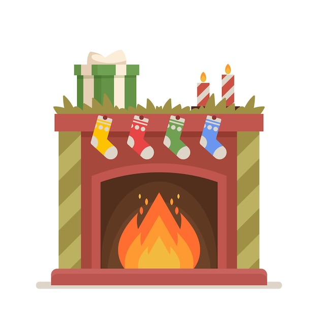 Kerst brandende open haard met sokken, kaarsen, sparren tak, geschenkdoos en vuur binnen. Feestelijke binnenschoorsteen in traditionele stijl met kerstdecor, vintage huisverwarming. Cartoon vectorillustratie