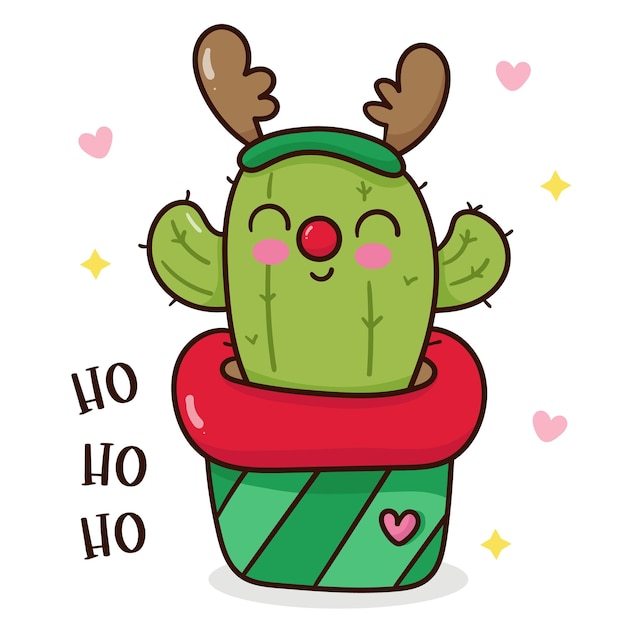 Vector kerst cactus dragen rendier hoed kawaii cartoon gelukkig nieuwjaar personage