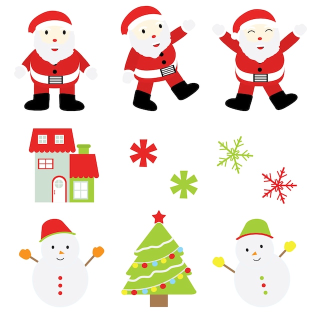 Kerst cartoon illustratie santa claus, sneeuwman, xmas ornamenten sticker decorontwerp