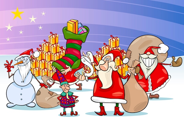 Vector kerst cartoon kerstman groep