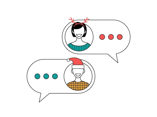 Kerst chatten met vrouw en man vectorillustratie Online chat tussen een jongen en een meisje Man en vrouw pictogrammen in vlakke stijl op mobiele bubble Chat messaging-communicatie