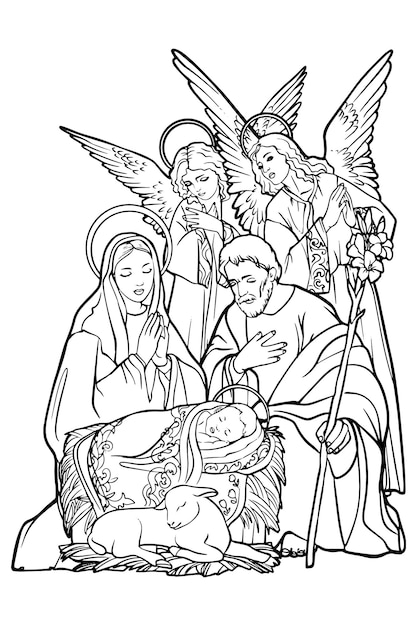Kerst christelijke kerststal van baby Jezus in kribbe met Maria en Jozef vectorillustratie