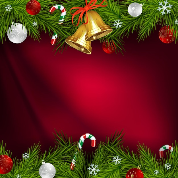 Kerst donkerrode compositie met dennentakken bells ballen met sneeuwvlokken