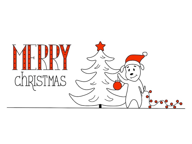 Kerst doodle illustratie kaartje waar een hond een kerstboom versiert voor Kerstmis