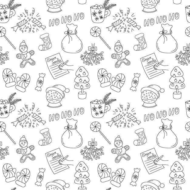 Kerst doodle patroon zwart-wit Vector naadloze achtergrond met overzicht hand getrokken kerst vakantie elementen Xmas ontwerp objecten Doodle herhalen illustratie