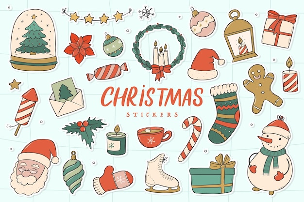 Kerst doodles clipart cartoon elementen stickers collectie