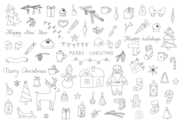 Kerst doodles instellen vector illustratie hand tekenen